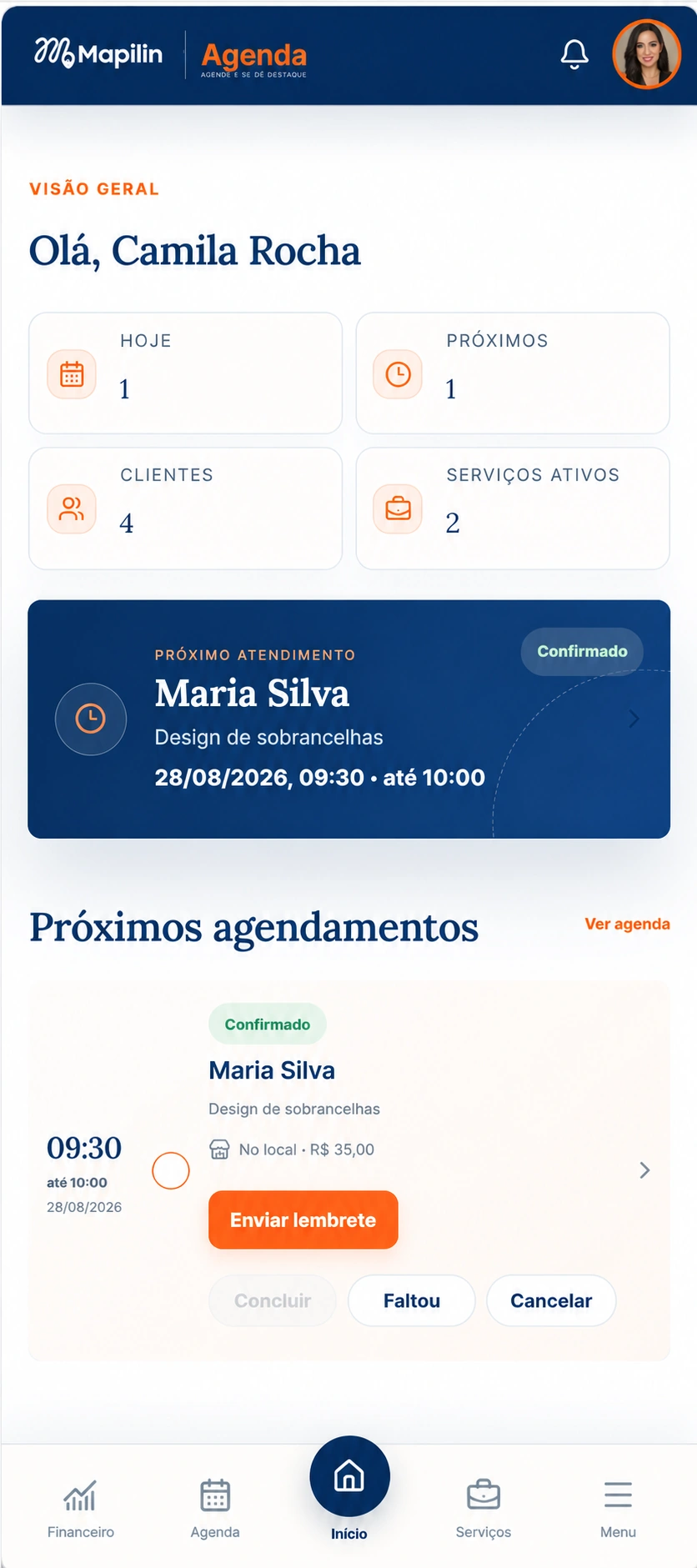 Interface do Mapilin Agenda em celular